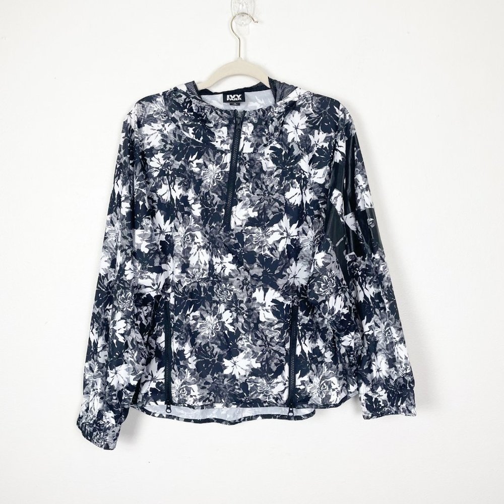 Ivy Park Womans S Black and White Floral Long Sleeve Hooded Windbreaker Pullover - Picture 2 of 11